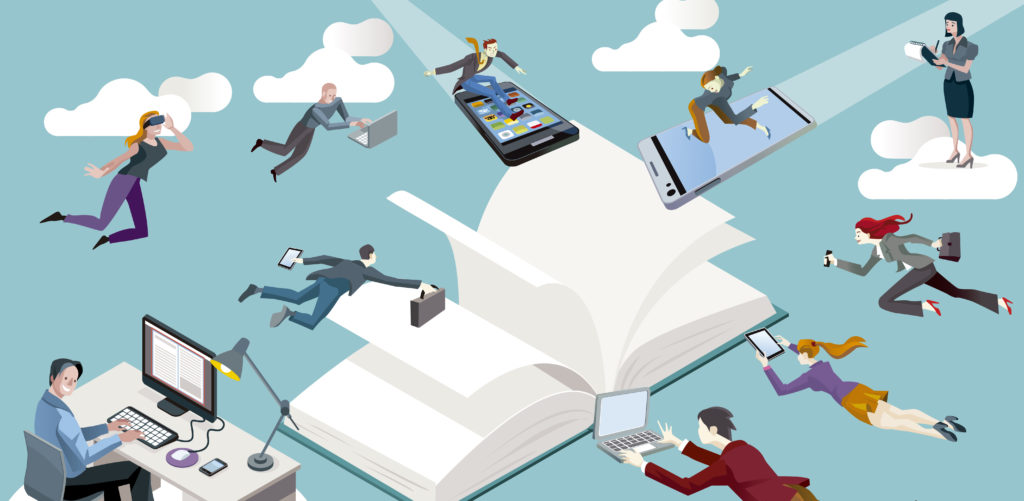 Illustrative photo- an open book with people flying in with iphones, ebooks, and other materials that make up publishing today.